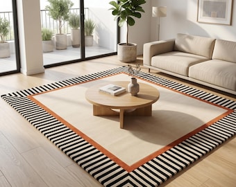 Striped Border Area Rug | Black and White Art Deco rug | Beige or Taupe Center Mat | Custom Tufted Wool Rug | Modern Geometric Floor Art rug
