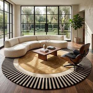 Round Green Rug, Striped Border Rug, Mid Century Modern, Emerald Green Rug, Black White Striped, Hand Tufted Wool, Round Statement Rug beige