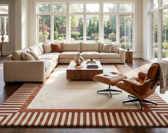 9x12 Beige Area Rug, Striped Border Wool Carpet, Rust and Cream Floor rug, Modern Art Deco Decor, Custom Tufted Rectangular Gifts Rugs 8x10