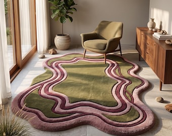 Irregular Area Rug | Organic Amoeba Carpet | Green Pink Wavy Mat | Custom Tufted Wool | Wabi Sabi Floor Art | 3D Carved Room Decor