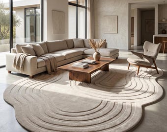 Organic Irregular Shape Rug, Wabi Sabi Zen Garden rug, Asymmetrical Ribbed Wool rugs, Japandi Neutral Room Decor, Custom Abstract Tufted rug