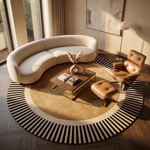 May include: A curved cream-colored sofa, a brown leather lounge chair with a matching ottoman, and a rectangular wooden coffee table with a metal frame. The furniture is arranged on a large circular rug featuring a black and white striped border.