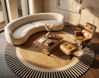 Round Camel Area Rug | Black and White Striped Carpet | Mid Century Modern Decor | Custom Tufted Wool rug | Warm Tan Circular Rug Art Deco