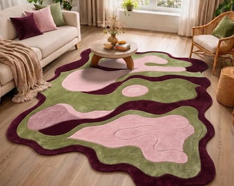 Irregular Area Rug | Pink Green Carpet | Abstract Amoeba Mat | Custom Tufted Wool | Wabi Sabi Floor Art | Funky Room Decor | 3D Carved Rug
