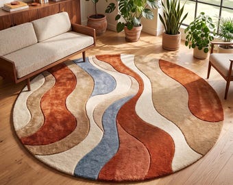 Alfombra redonda ondulada / Alfombra abstracta en terracota y azul / Decoración moderna de mediados de siglo / Alfombra de lana con mechones personalizados / Alfombra circular bohemia con tonos tierra