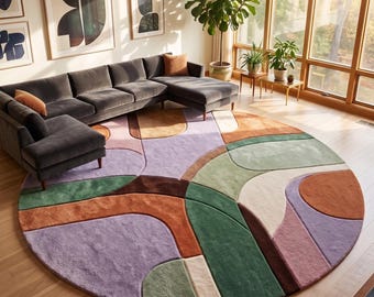 Alfombra redonda geométrica en tonos pastel / Alfombra abstracta en lavanda y óxido / Decoración moderna de mediados de siglo / Alfombra de lana con mechones personalizados / Alfombra circular estilo boho