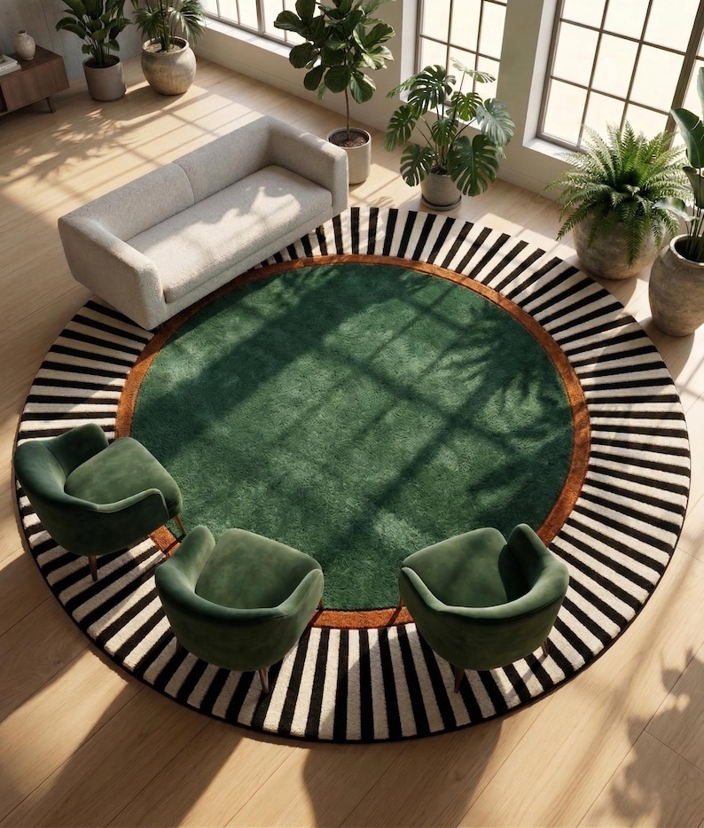 May include: An overhead shot of a modern living room with a large round rug. The rug has a green center, a brown border, and a black and white striped outer edge. Three green velvet armchairs are arranged around the rug, with a white sofa in the background.