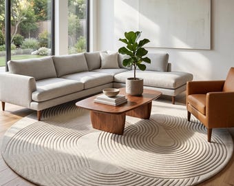 Wabi Sabi Zen Garden Rug, Solid Cream Round Area Rug, 3D Ribbed Minimalist rug, Round Hand Tufted Wool Rug, Japandi Modern Room Decor rug