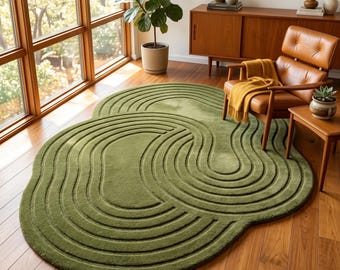 Organic Irregular Olive Green Rug, Wabi Sabi Zen Garden Carpet, Asymmetrical Ribbed Wool rug, Japandi Room Decor, Abstract Tufted 5x8 9x12