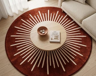 Alfombra redonda de terracota / Alfombra con diseño de rayos de sol en color óxido / Decoración moderna Japandi / Alfombra de lana con mechones personalizados / Alfombra circular Wabi Sabi de mediados de siglo