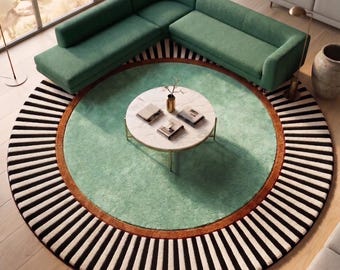 Alfombra redonda a rayas / Alfombra llamativa en blanco y negro / Decoración moderna de mediados de siglo en verde menta / Alfombra de lana con mechones personalizados / Alfombra circular posmoderna