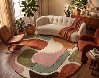 Alfombra redonda de forma orgánica / Alfombra abstracta rosa y óxido / Decoración moderna de mediados de siglo / Alfombra de lana con mechones personalizados / Alfombra circular estilo boho retro