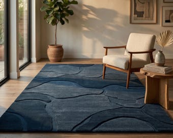 3D Carved Blue Area Rug | Topographical Textured Carpet | Modern Wavy Ocean Decor | Solid Monochromatic Custom Wool Rug | Minimalist Teppich