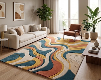 Retro Wavy Area Rug | 70s Mid Century Carpet | Teal Mustard Rust Mat | Custom Tufted Wool | Psychedelic Floor Art | 3D Carved Living Room