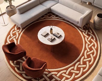 Round Rust Area Rug, Celtic Knot Wool Carpet, Terracotta Room Decor, Custom Tufted rugs, Mid Century Modern Rug, Boho Circular rug 8x8 10x10
