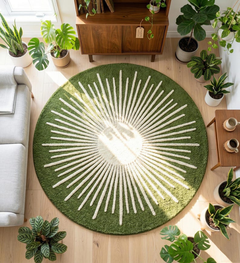 May include: Overhead view of a round green rug with a white sunburst design. The rug is surrounded by potted plants, a wooden cabinet, and a light-colored sofa. The rug is a decorative element for a living room.