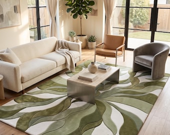 Green Sunburst Rug | Abstract Floral Carpet | Olive White Room Mat | Custom Tufted Wool | Mid Century Modern | Biophilic Floor Art