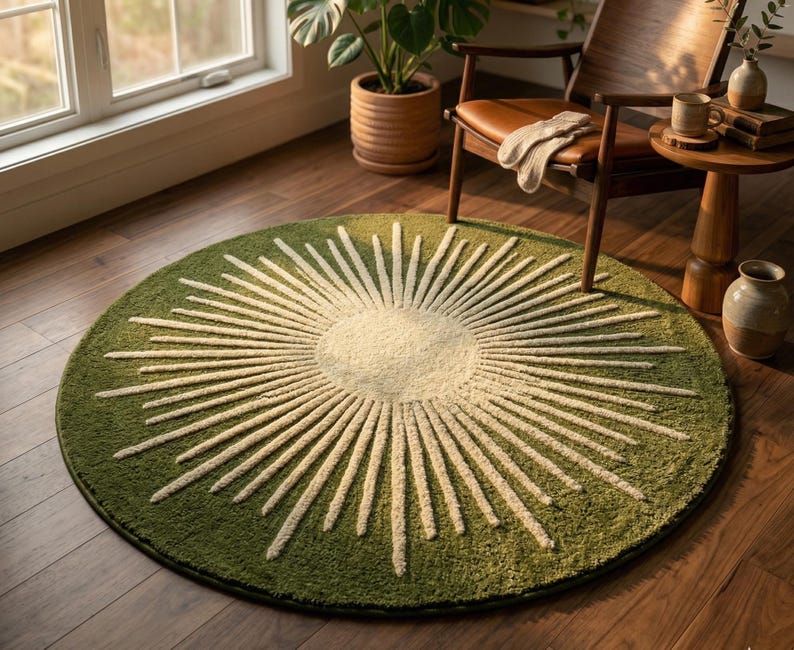 Top-down view of a round olive green hand-tufted wool rug featuring a cream cut and loop pile sunburst pattern in a sunlit boho living room.