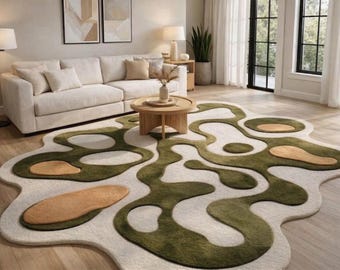 Alfombra de área de forma irregular / Alfombra orgánica con forma de ameba / Alfombra de pelo cortado en 3D de color verde oliva / Decoración ondulada de estilo libre y terroso / Alfombra de lana personalizada