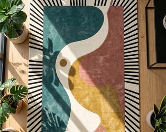 Hand Tufted Abstract Sunburst Rug | Mid Century Modern Memphis Style Carpet | Boho Wavy Area Rug | Eclectic Colorful Living Room Decor