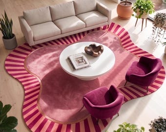 Alfombra rosa irregular / Alfombra a rayas magenta / Decoración danesa en tonos pastel para habitaciones / Alfombra de lana personalizada con mechones / Alfombra con forma de mancha ondulada Coquette