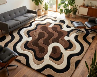Alfombra abstracta ondulada / Alfombra topográfica marrón y negra / Decoración moderna de mediados de siglo / Alfombra de lana con mechones personalizados de 8x10 y 9x12 pies