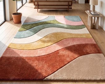 Alfombra horizontal ondulada / Alfombra verde oliva y rosa / Decoración moderna de mediados de siglo / Alfombra de lana con mechones personalizados / Alfombra de habitación retro bohemia abstracta