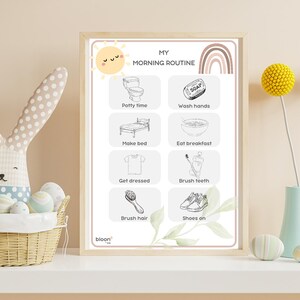 May include: A framed "My Morning Routine" chart with illustrations of daily tasks like potty time, washing hands, and brushing teeth. The chart has a sun and rainbow graphic. A decorative bunny and flowers are in the background.