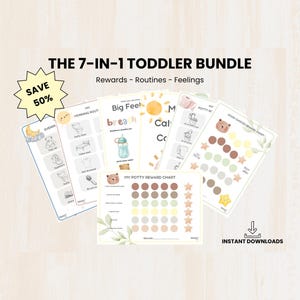 Pode incluir: Um conjunto de gráficos imprimíveis para crianças pequenas com o texto "THE 7-IN-1 TODDLER BUNDLE" e "Rewards - Routines - Feelings". Os gráficos incluem ilustrações de rotinas diárias, tabelas de recompensas e sentimentos. Um gráfico em forma de estrela indica um desconto de 50%.