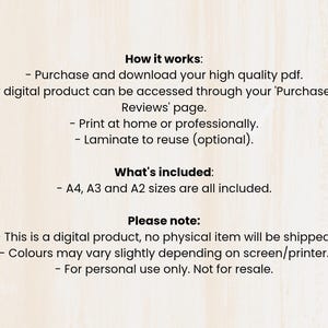 May include: Text on a light wood-grain background details how a digital product works. It includes instructions to purchase, download, and print the PDF. It also lists included sizes: A4, A3, and A2. The text also notes that it is a digital product.