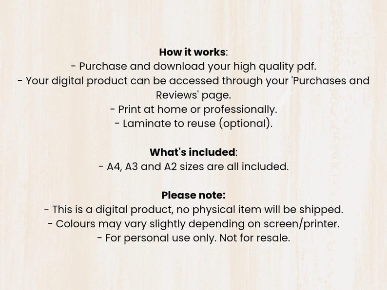 May include: Text on a light wood-grain background details how a digital product works. It includes instructions to purchase, download, and print the PDF. It also lists included sizes: A4, A3, and A2. The text also notes that it is a digital product.