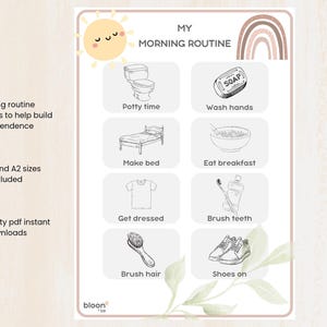 May include: A printable morning routine chart for toddlers, featuring illustrations of daily tasks like potty time, washing hands, and brushing teeth. The chart includes the text "MY MORNING ROUTINE" and is designed to help children build independence. Includes A4, A3, and A2 sizes.
