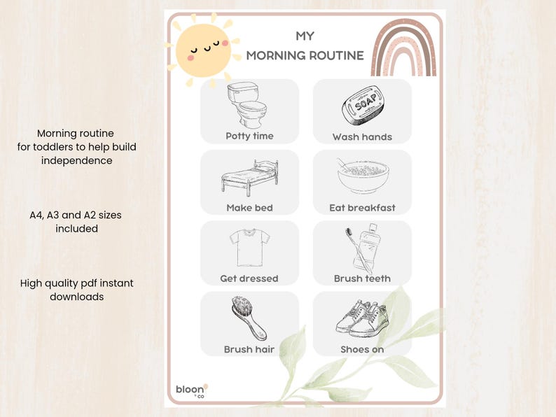 May include: A printable morning routine chart for toddlers, featuring illustrations of daily tasks like potty time, washing hands, and brushing teeth. The chart includes the text "MY MORNING ROUTINE" and is designed to help children build independence. Includes A4, A3, and A2 sizes.