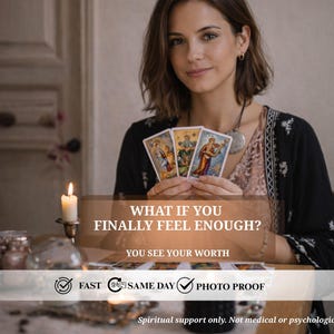 Puede incluir: Una mujer sosteniendo cartas del tarot, con el texto "WHAT IF YOU FINALLY FEEL ENOUGH? YOU SEE YOUR WORTH." Una vela encendida y otros objetos están sobre la mesa. La imagen también incluye las palabras "FAST", "SAME DAY" y "PHOTO PROOF".