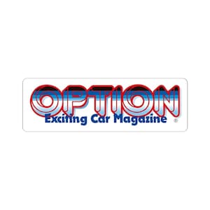 May include: A rectangular sticker with the word "OPTION" in a bold, stylized font. The letters are outlined in red and white, with a blue gradient fill. Below, the text "Exciting Car Magazine" is in a smaller, blue font.