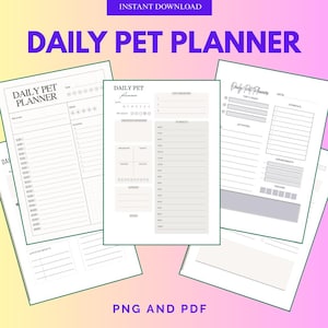 Puede incluir: Un conjunto de páginas imprimibles de planificador diario para mascotas con un fondo degradado rosa y amarillo. Las páginas incluyen secciones para la programación, actividades y notas. El texto incluye "Daily Pet Planner", "Instant Download" y "PNG and PDF".