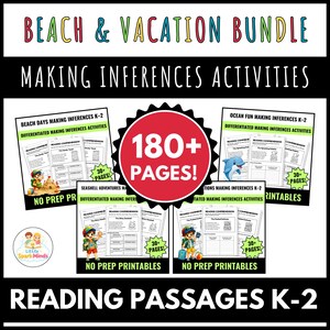 Könnte beinhalten: Ein Beach & Vacation Bundle mit Schlussfolgerungs-Aktivitäten für die Klassen K-2. Das Set enthält über 180 Seiten mit Leseübungen ohne Vorbereitung und differenzierten Arbeitsblättern mit bunten Illustrationen von Kindern und Meeresthemen von Little Spark Minds.