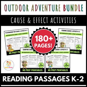 May include: An Outdoor Adventure Bundle of cause and effect activities for grades K-2, featuring 180+ pages of reading passages. The set includes printable worksheets for playground, fishing, camping, and ocean themes with colourful illustrations.