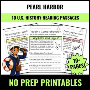 Pearl Harbor Reading Comprehension Passages K-2 | World War II History Worksheets | Printable PDF | Answer Key