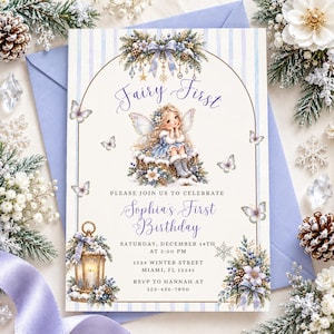 Puede incluir: Una tarjeta de invitación rectangular con borde de rayas azul claro, con una ilustración central de un hada sentada en un tocón nevado. El texto dice Fairy First, Sophia's First Birthday, Saturday, December 14th, 1234 Winter Street, Miami, FL.