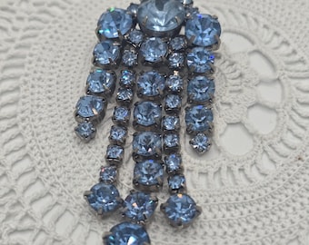 Vintage Blue Rhinestone Dangle Brooch Waterfall Fringe Art Deco Style