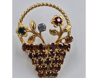 Broche vintage con forma de cesta de flores y diamantes de imitación, tono dorado, joyas multicolores.