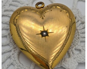 Vintage Gold Filled Locket Diamond Accent 12KGF Etched Heart Photo Charm Pendant