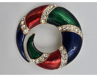 Broche vintage de los años 80, esmalte dorado, diamantes de imitación y diseño en espiral, rojo, verde, azul, transparente.