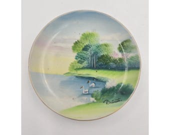 Vintage Japanese Hand Painted Miniature Plate Swans Landscape Gold Trim