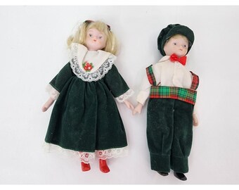 Muñecas de porcelana coleccionables vintage de 20 cm de altura, lote de 2 muñecas navideñas infantiles.