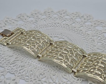 Vintage Emmons EmJ early Panel Bracelet Goldtone Filigree Fleur De Lis 7