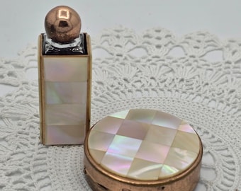 Art Deco Brass Compact Perfume Set Vintage Geometric Mother Of Pearl Abalone