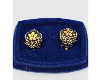 Vintage Damascene Black GoldFloral Hexagon Clip-On Earrings Gold Tone Metal