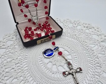 Vintage Sherman Glass Heart Beaded Rosary Red Pewter Hand Crafted Catholic